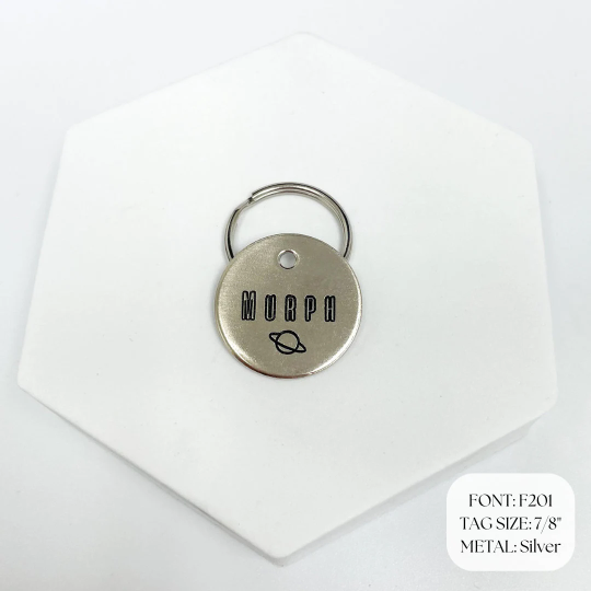 Space Planet Design Engraved Dog Tag - Cat ID Tag - Dog Collar Tag - Custom Dog Tag - Personalized Tag - Pet ID Tag - Pet Name Tag - Pet name on front with a space planet design. Your phone number will be on the back.