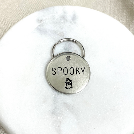 Personalized Dog Tag - Ghost with a Hat Design Engraved Dog Tag - Ghost Hand Design Tag - Cat ID Tag - Dog Collar Tag - Custom Dog Tag - Personalized Tag - Pet ID Tag - Pet Name Tag - Halloween  - Autumn - Fall 