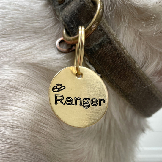 Cowboy Hat Design Engraved Dog Tag - Cat ID Tag - Dog Collar Tag - Custom Dog Tag - Personalized Tag - Pet ID Tag - Pet Name Tag - Yellowstone - Pet name on front with a cowboy hat design. Cowgirl - Country Personalized Dog Tag - Cowboy Hat Design Engraved - Yellowstone Ranger Tag - Dog Collar Tag - Custom Dog Tag - Personalized Tag - Pet ID Tag - Cowboy Dog Tag - Dog Gear - Dog Accessories - Pet Accessories