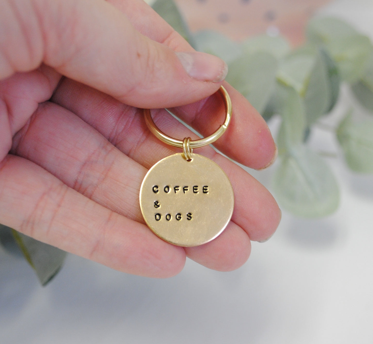 Coffee and Dogs Handstamped Keychain -  Dog Moms - Gift for Her - Coffee Lover Gift - Christmas Gift for Her - Christmas Gift for Him - Birthday Gift for Her - Birthday Gift for Him
