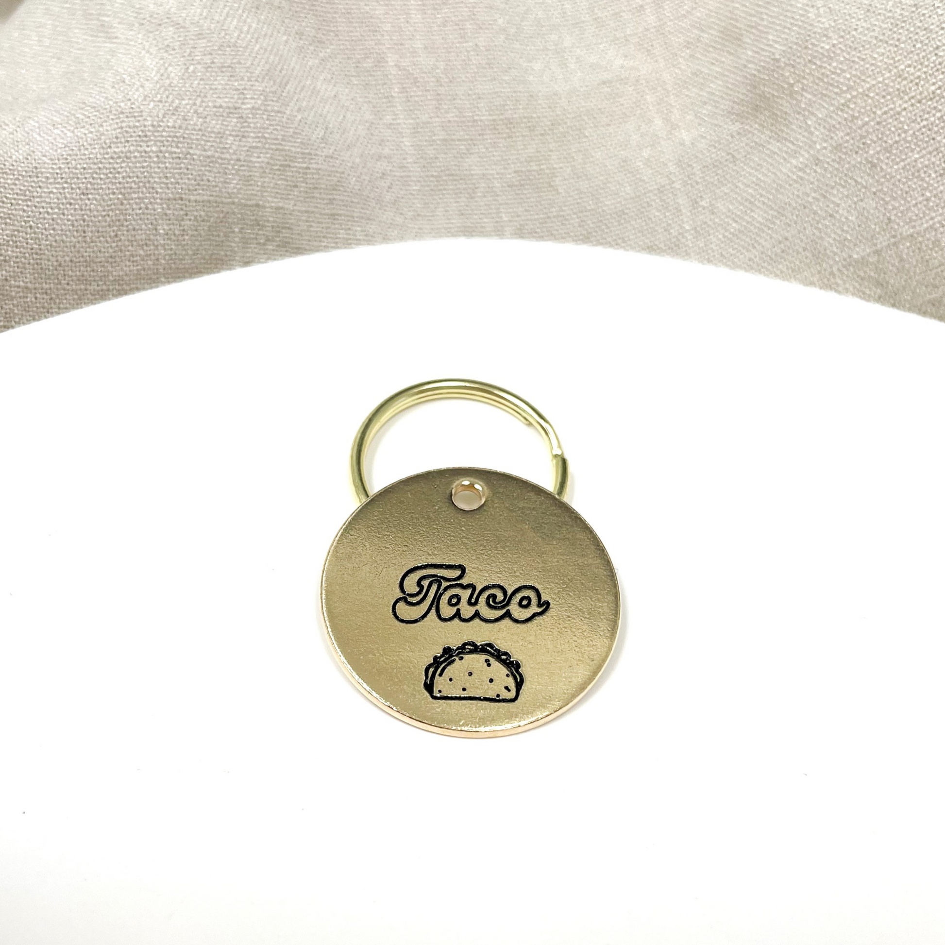 Taco Design Engraved Dog Tag - Cat ID Tag - Dog Collar Tag - Custom Dog Tag - Personalized Tag - Pet ID Tag - Pet Name Tag - Cat Collar Tag - Pet name on front with a taco design. Your phone number will be on the back.