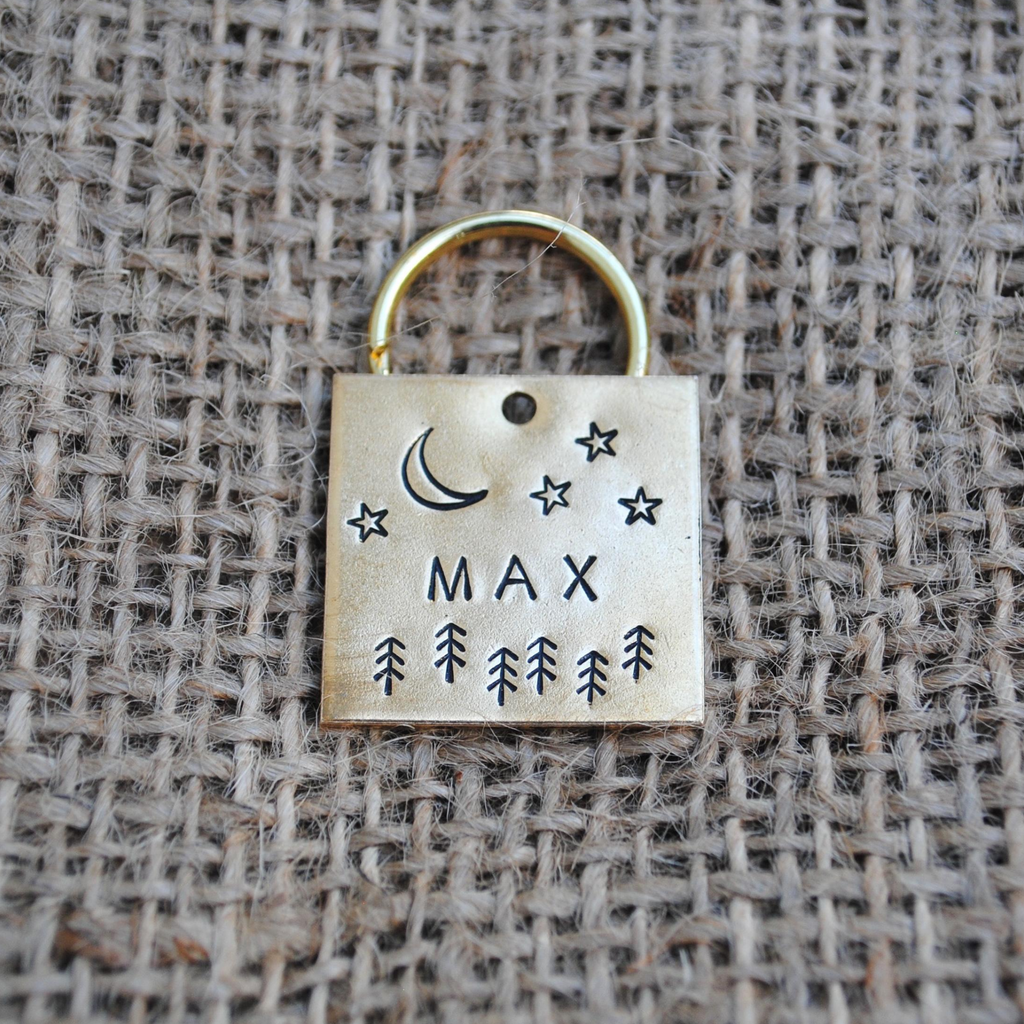 Moon and Forest Trees Personalized Dog Tag - Cat ID Tag - Dog Collar Tag - Custom Dog Tag - Personalized Tag - Pet ID Tag - Pet Name Tag - Pet name on front with a stars and forest design. Your phone number will be on the back.
