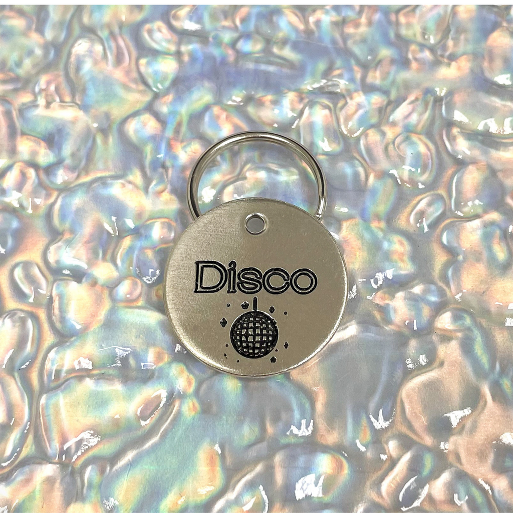 Personalized Dog Tag - Disco Ball Design Engraved Dog Tag - Cat ID Tag - Dog Collar Tag - Custom Dog Tag - Personalized Tag - Pet ID Tag - Pet Name Tag - Dog Gear - Dog Accessories - Pet Accessories - Pet name on front with a disco ball design. Your phone number will be on the back.