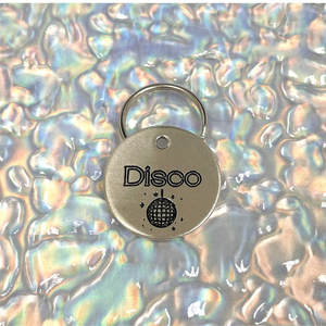 Personalized Dog Tag - Disco Ball Design Engraved Dog Tag - Cat ID Tag - Dog Collar Tag - Custom Dog Tag - Personalized Tag - Pet ID Tag - Pet Name Tag - Dog Gear - Dog Accessories - Pet Accessories - Pet name on front with a disco ball design. Your phone number will be on the back.