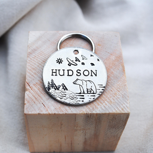 Personalized Dog Tag - Bear and Forest Hand Stamped Dog Tag - 1 1/4&quot; Dog Tag - Scenic Pet Tag - Dog Collar Tag - Custom Dog Tag - Pet ID Tag - Metal Pet Tag - Bear Dog Tag - Nature Dog Tag - Dog Gear - Dog Accessories - Pet Accessories