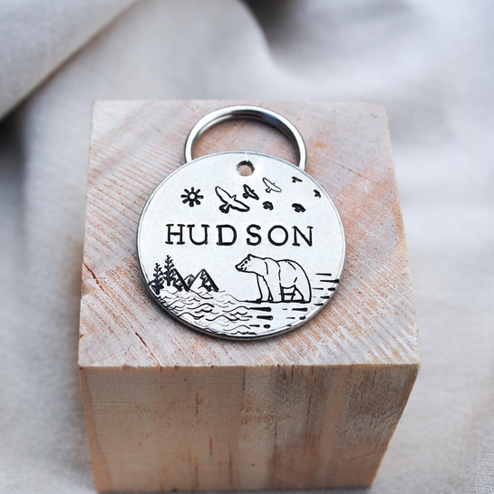 Personalized Dog Tag - Bear and Forest Hand Stamped Dog Tag - 1 1/4" Dog Tag - Scenic Pet Tag - Dog Collar Tag - Custom Dog Tag - Pet ID Tag - Metal Pet Tag - Bear Dog Tag - Nature Dog Tag - Dog Gear - Dog Accessories - Pet Accessories