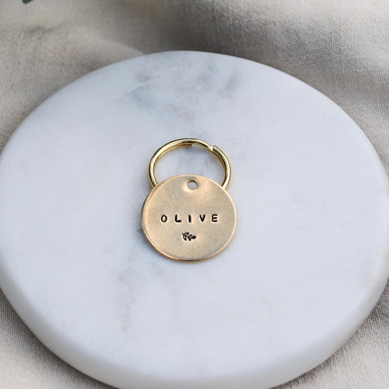 pet id tag, hand stamped dog tag, gold dog tag, custom cat tag, leaf dog tag, olive branch