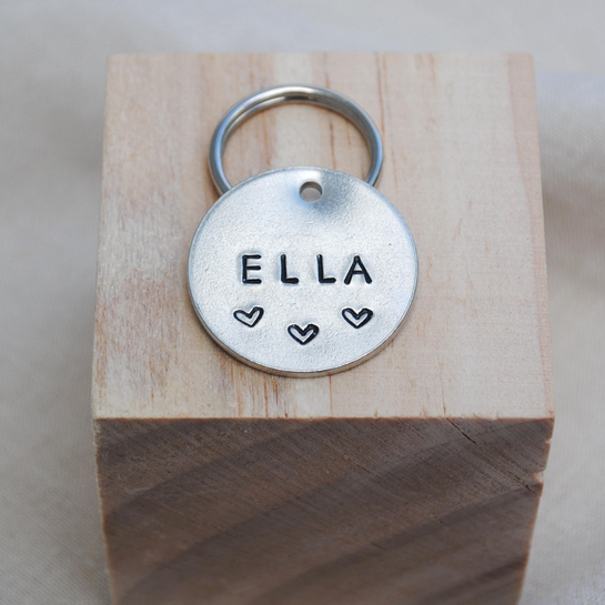 pet id tag, hand stamped dog tag, gold dog tag, custom cat tag, hearts dog tag, cute dog tag
