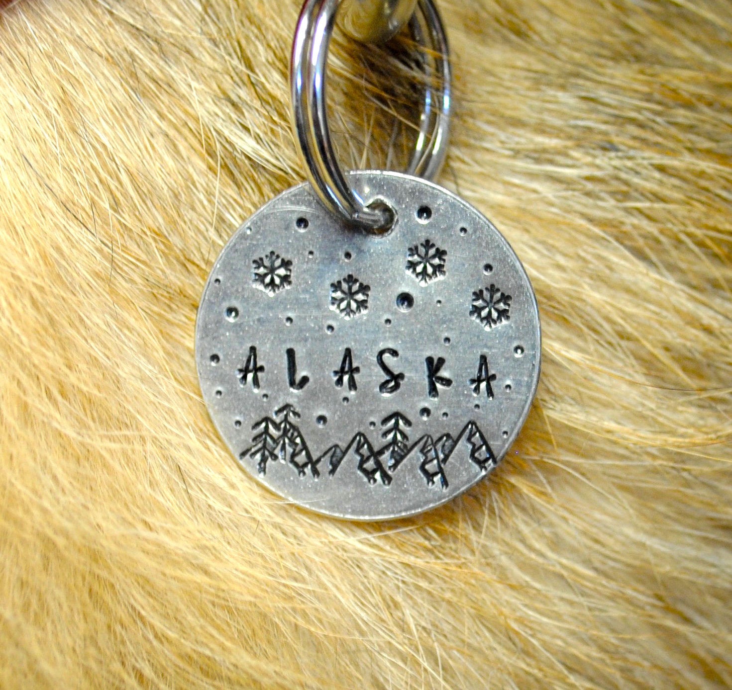 Snowflakes and Mountains Design Engraved Dog Tag - Cat ID Tag - Dog Collar Tag - Custom Dog Tag - Personalized Tag - Pet ID Tag - Pet Name Tag - Engraved Metal - Engraved Design - Snow - Mountains - Metal Working