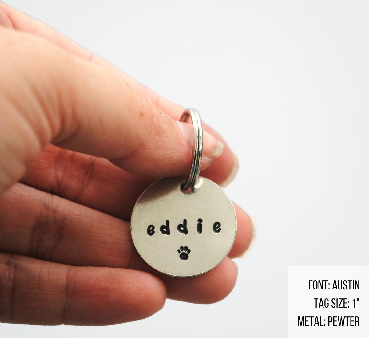 Paw Print Personalized Dog Tag - Cat ID Tag - Dog Collar Tag - Custom Dog Tag - Personalized Tag - Pet ID Tag - Pet Name Tag - Customized Dog Tag - Customized Cat Tag - Minimalist - Pet name on front with a paw print design. Your phone number will be on the back.