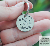 pet id tag, hand stamped dog tag, gold dog tag, custom cat tag, sun birds and mountains dog tag