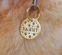 pet id tag, hand stamped dog tag, gold dog tag, custom cat tag, stardust dog tag, magical dog tag